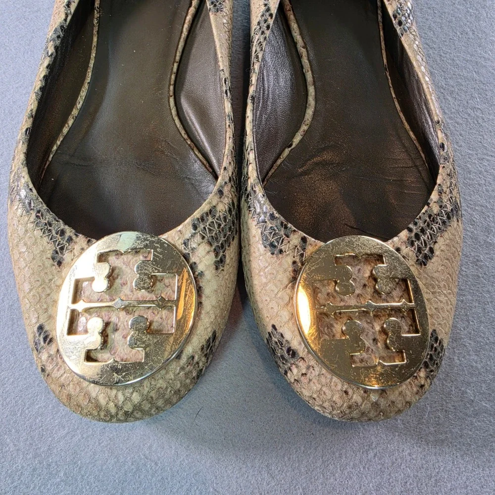 Tory Burch Reva Snakeskin Embossed Leather Ballet Flats Gold Logo Medallion